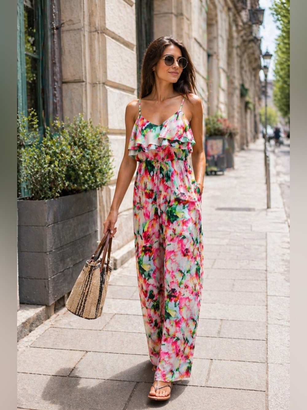 100% Silk Floral Jumpsuit Wide Leg Boho Resort Vacation Luxury Anthropologie St